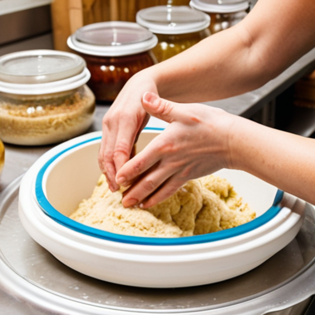 **Image Prompt 1:** A warm, inviting urban fermentation lab filled with natural light. Focus on a hands-on workshop in progress, with a diverse group of participants actively engaging with ingredients for sourdough or kimchi. Show close-ups of hands kneading dough, mixing vegetables, and jars bubbling with life. The atmosphere is collaborative and curious, with instructors guiding students, emphasizing the tactile and sensory experience. Visible fermentation crocks and jars line shelves in the background, creating a vibrant, living backdrop.