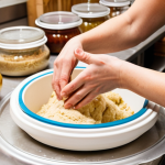**Image Prompt 1:** A warm, inviting urban fermentation lab filled with natural light. Focus on a hands-on workshop in progress, with a diverse group of participants actively engaging with ingredients for sourdough or kimchi. Show close-ups of hands kneading dough, mixing vegetables, and jars bubbling with life. The atmosphere is collaborative and curious, with instructors guiding students, emphasizing the tactile and sensory experience. Visible fermentation crocks and jars line shelves in the background, creating a vibrant, living backdrop.
