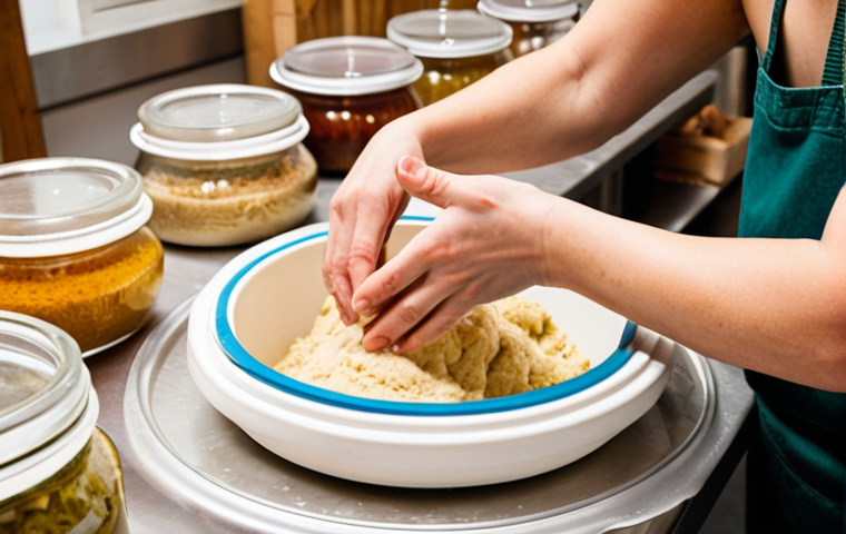 **Image Prompt 1:** A warm, inviting urban fermentation lab filled with natural light. Focus on a hands-on workshop in progress, with a diverse group of participants actively engaging with ingredients for sourdough or kimchi. Show close-ups of hands kneading dough, mixing vegetables, and jars bubbling with life. The atmosphere is collaborative and curious, with instructors guiding students, emphasizing the tactile and sensory experience. Visible fermentation crocks and jars line shelves in the background, creating a vibrant, living backdrop.