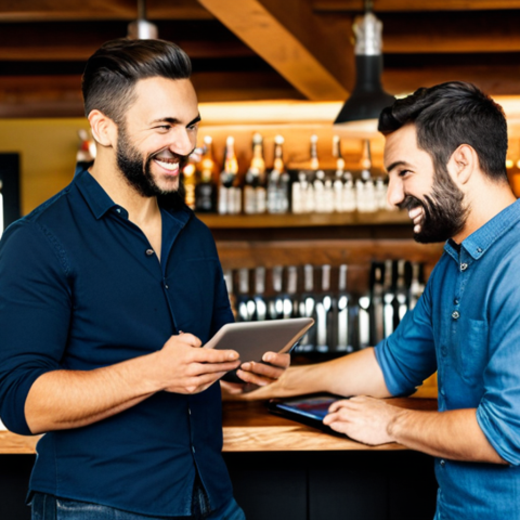 Brewery Loyalty Program in Action**

"A craft brewery scene, showcasing a bartender interacting with a regular customer. The bartender is referencing a tablet displaying the customer's loyalty program profile. The customer is smiling and engaged. Focus on the warm, inviting atmosphere of the brewery.  Appropriate attire, professional setting, fully clothed, safe for work, perfect anatomy, natural proportions, family-friendly."

**