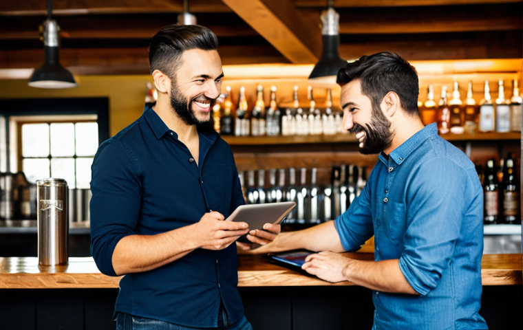 Brewery Loyalty Program in Action**
"A craft brewery scene, showcasing a bartender interacting with a regular customer. The bartender is referencing a tablet displaying the customer's loyalty program profile. The customer is smiling and engaged. Focus on the warm, inviting atmosphere of the brewery. Appropriate attire, professional setting, fully clothed, safe for work, perfect anatomy, natural proportions, family-friendly."
**
