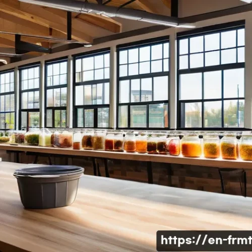 Home 29 도시 발효실에서의 지속 가능성 전략 - A vibrant urban fermentation lab interior bustling with diverse people of various ethnicities partic...