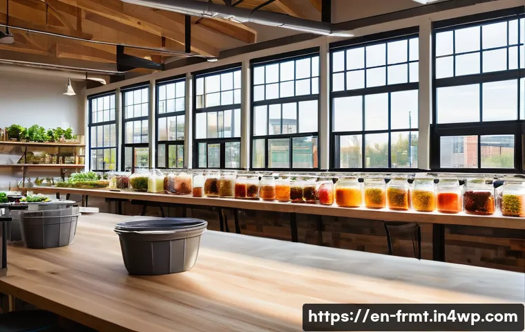 도시 발효실에서의 지속 가능성 전략 - A vibrant urban fermentation lab interior bustling with diverse people of various ethnicities partic...