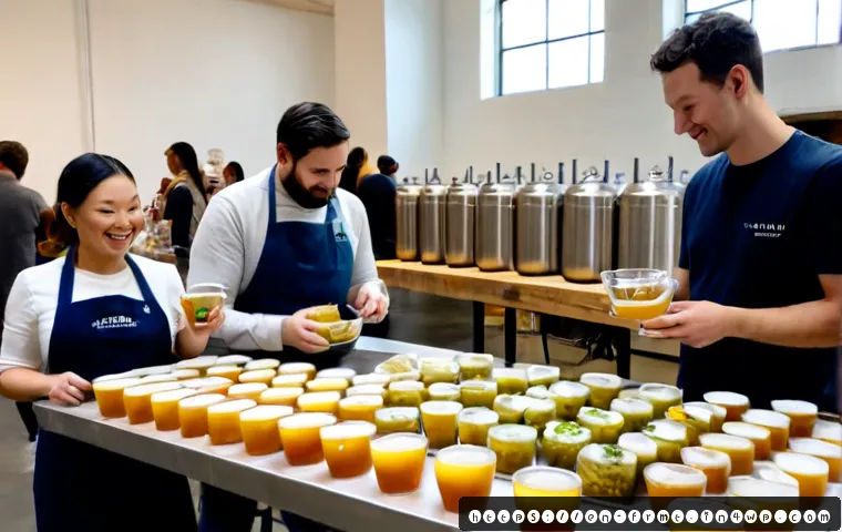 Home 17 도시 발효실에서의 발효 제품 시식 이벤트 - Photorealistic urban fermentation studio tasting event, a friendly artisan in a clean apron offering...